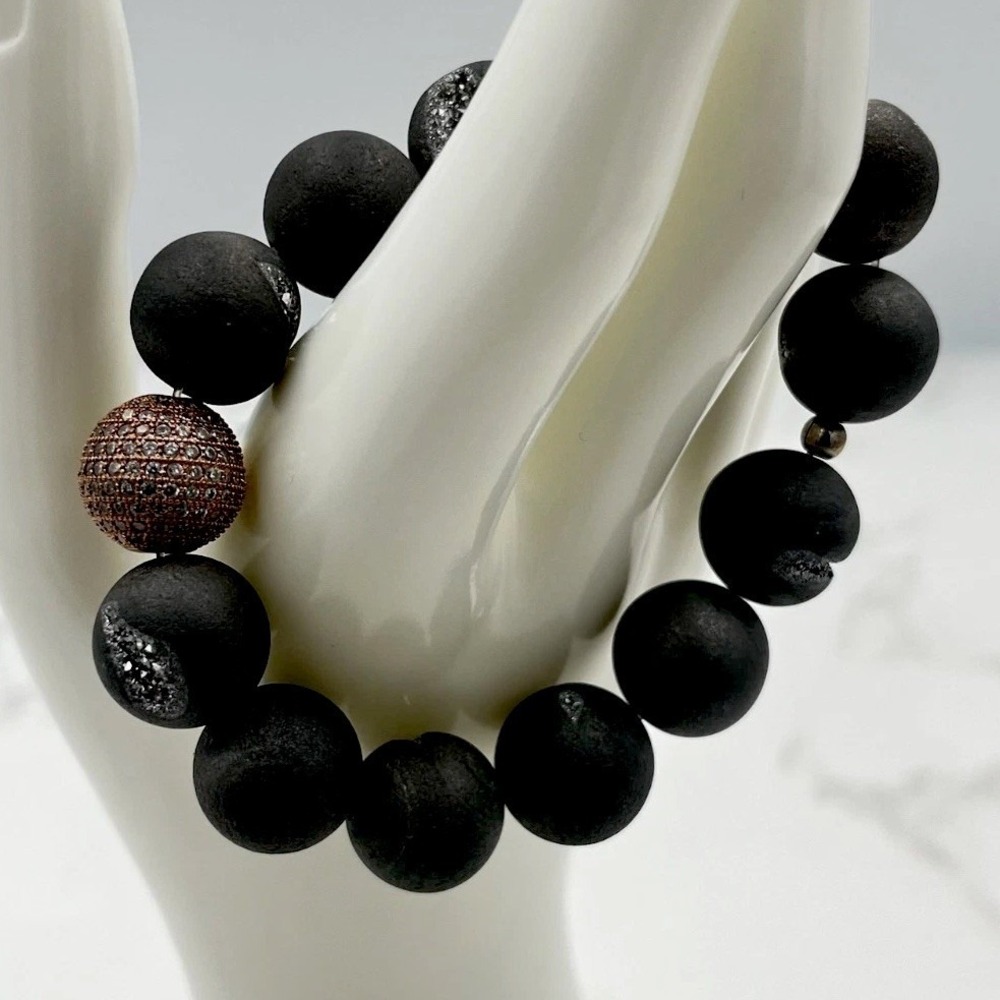 Vintage Matte Black Onyx &‎ Druzy Stretch Bracelet w/ Pave Accent